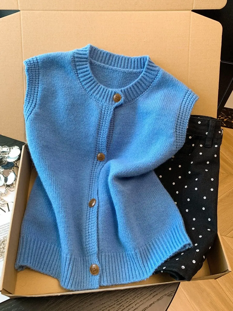 

Klein Blue Knitted Vest Cardigan Women's Spring Autumn Winter New Design Loose Layering Outerwear Svel Sweater