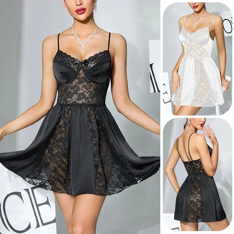 

Lace Spliced ​​satin Suspender Nightgown Black and White Short Women's Home Wear