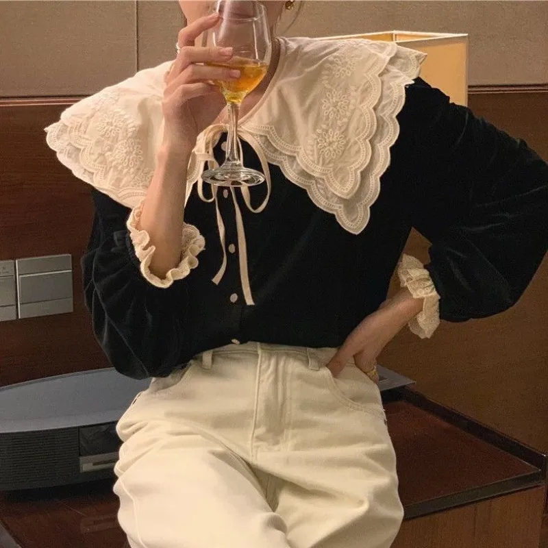 Female Spring Summer Korean Office Lady Simplicity Button Solid Color Peter Pan Collar All-match Women's Shirt Long Sleeve Tops