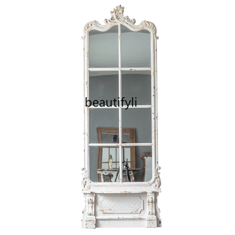 

Art Full-Length Mirror Decorative Mirror French Retro Solid Wood Floor Clothing Store Irregular Dressing Mirror