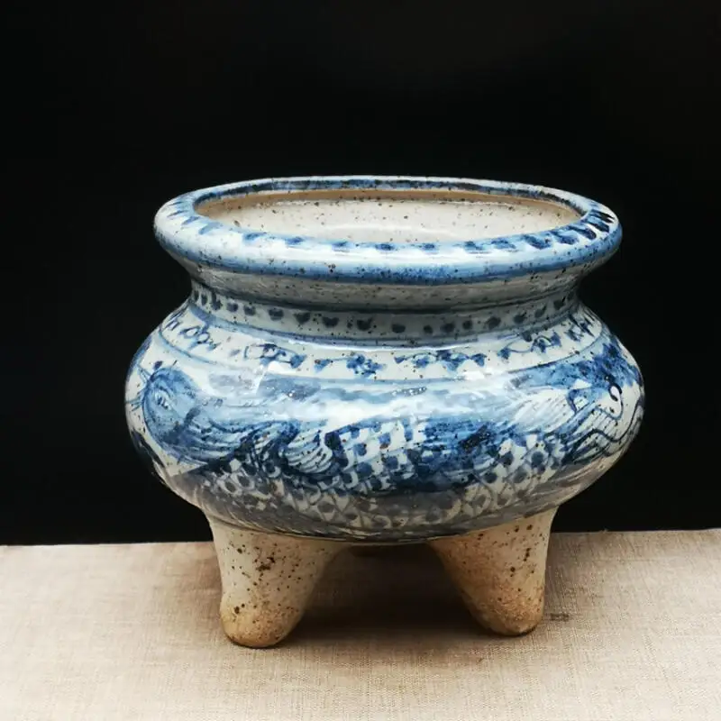 Ming blue and white painted phoenix pattern three legged incense burner antique porcelain collection folk crafts