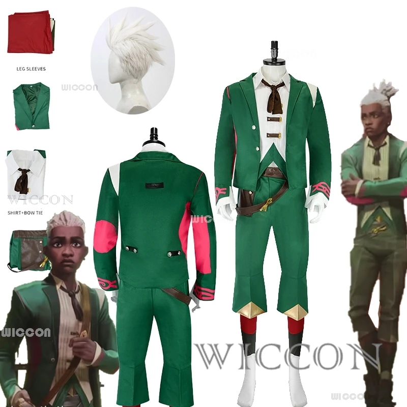 Arcane S2 Ekko CosplayGreen Suit Pants  Costume Wig Vest Green Dancing Outfit Halloween Party Anime LOL Mens Roleplay Clothes