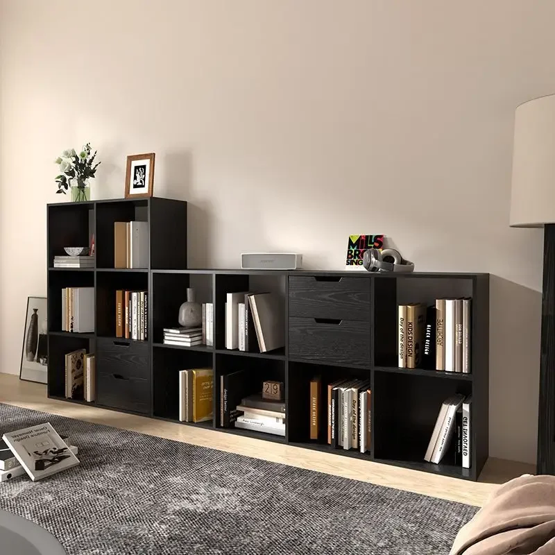 All solid wood oak bookshelf, floor-to-ceiling four, six or eight grids, low-edge book cabinet, free group, black display booksh
