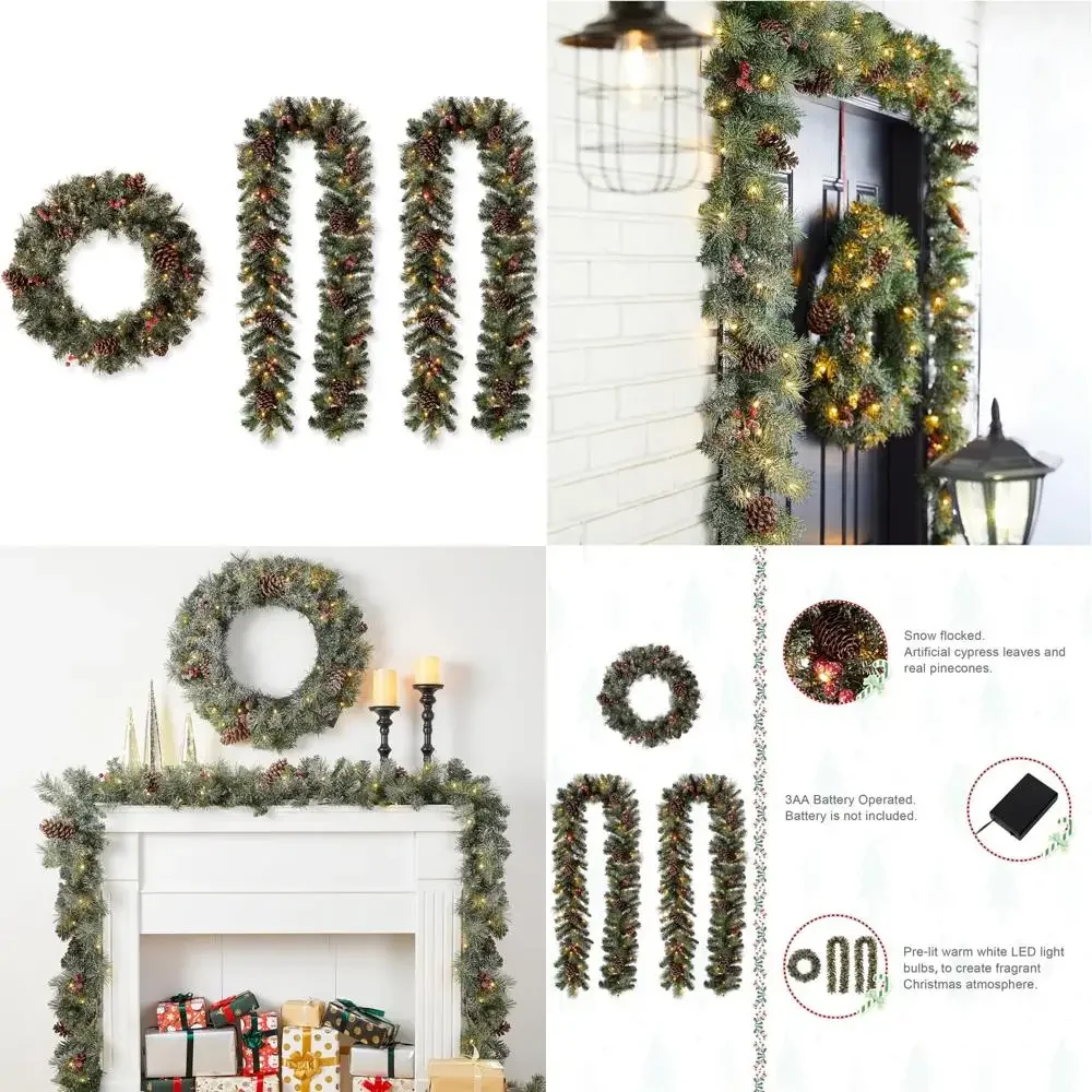 مجموعة إكليل عيد الميلاد المخروطية اللامعة المضاءة مسبقًا مع قطعتين من أكاليل بطول 9 أقدام لتزيين العطلات