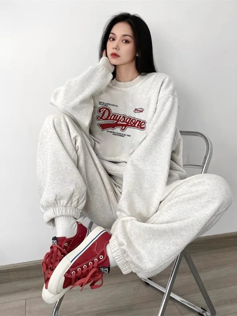 American Hoodie Set For Women Casual Sporty Print Tracksuit 2025 Winter Loose Hoodies Ankle-Length Sweatpants Girl Two-Piece Set