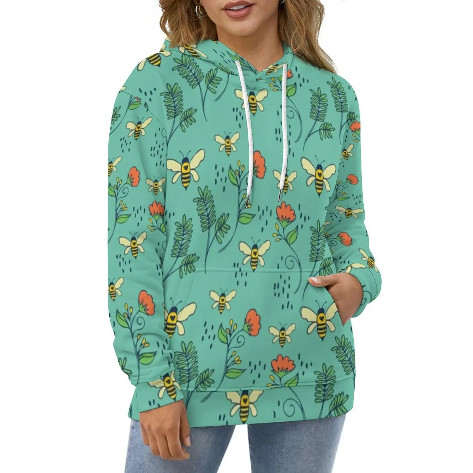 

Cute Flying Bees Hoodies Red Floral Print Street Style Casual Hoodie Long Sleeve Kawaii Design Sweatshirts Large Size 5XL 6XL