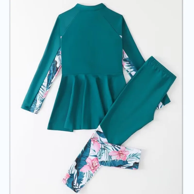 Girl Two Pieces Suit 5-12 Year Children Long Sleeve Skirt Swimsuit 2025 Kid Flower Print Swimwear Burkini Muslim Bathing Suit