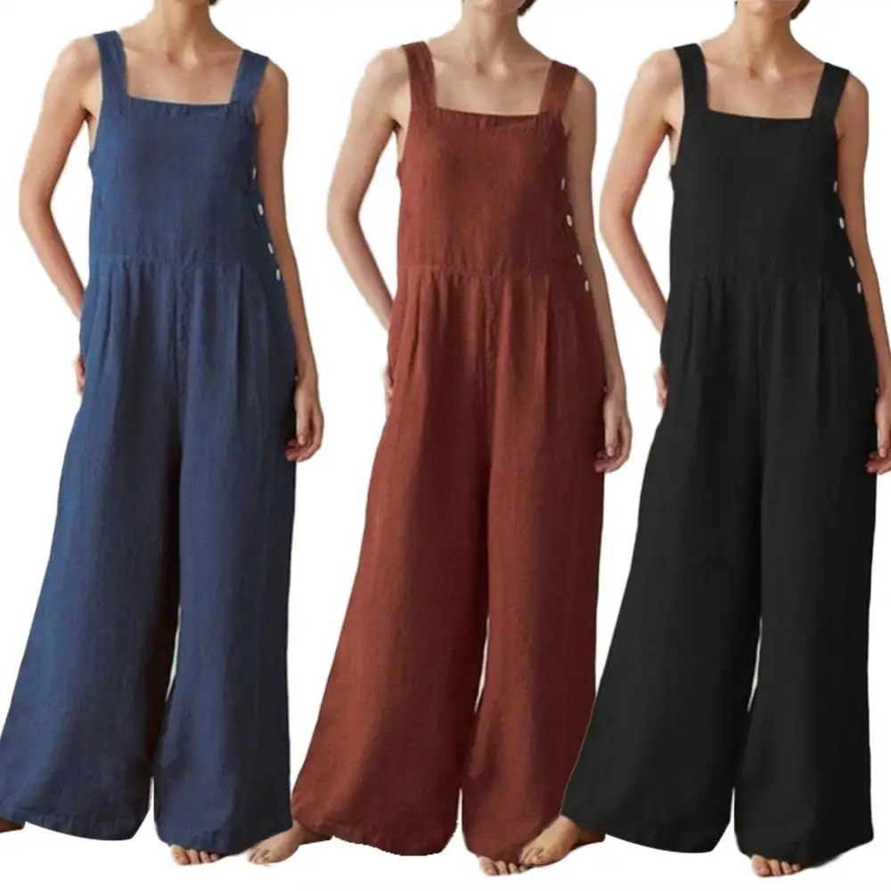 

New Women Rompers Summer Casual Loose Sleeveless Jumpsuit Solid Button Pocket Suspenders Bib Short Pants Wide Leg Playsuits 2023