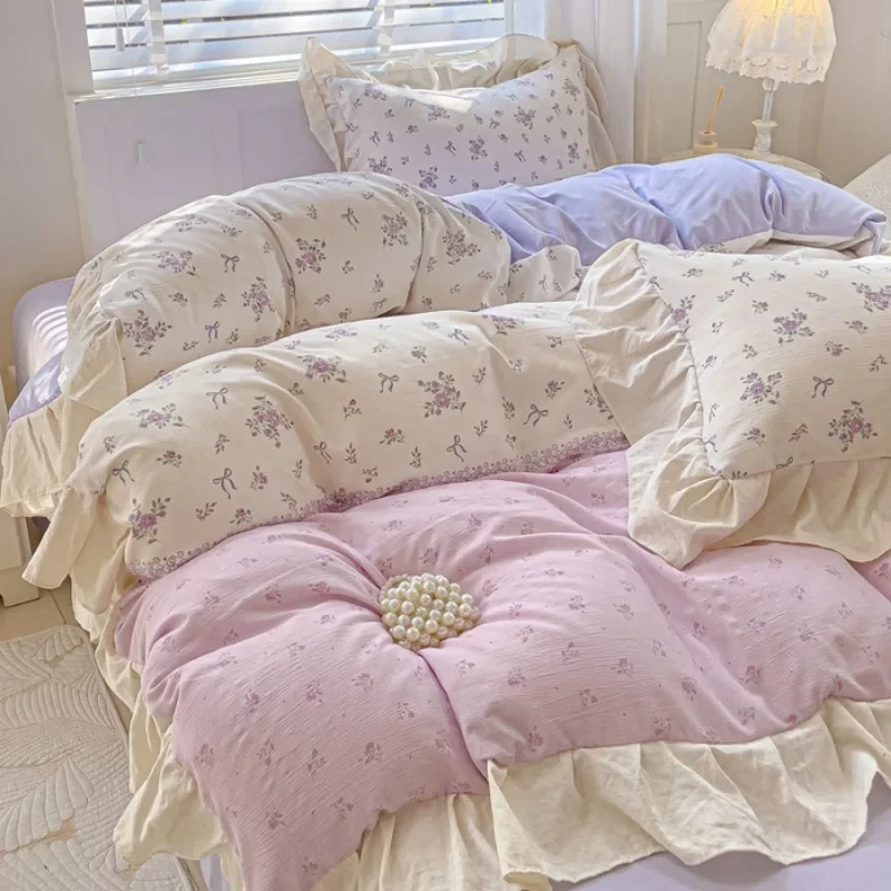 4pcs  Korean lace Duvet Cover Set (1*Duvet Cover + 2*Pillowcase, bed sheet/fitted sheet), Pink checkered print Bedding Set