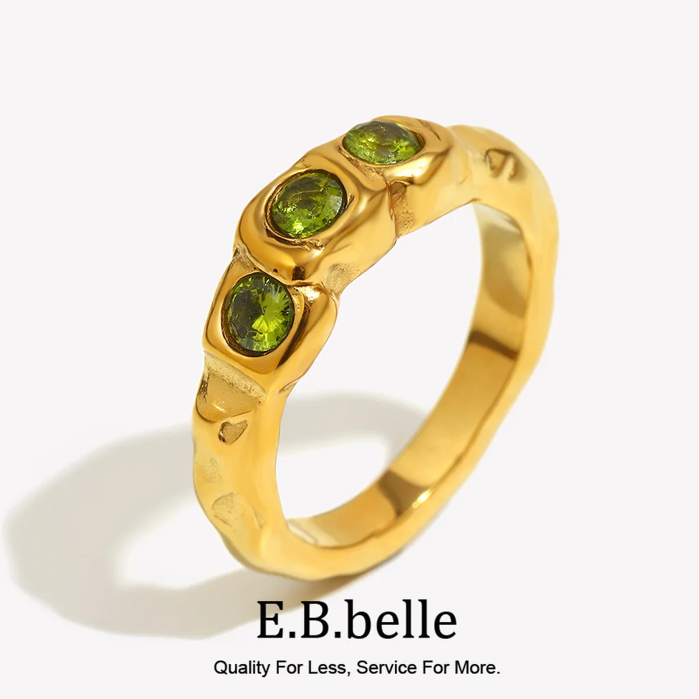 E.B.belle Neue Vintage Stil Drei Grün Zirkon Ring PVD Überzogene 316L Edelstahl Einfache Frauen Aussage Finger Chic Schmuck