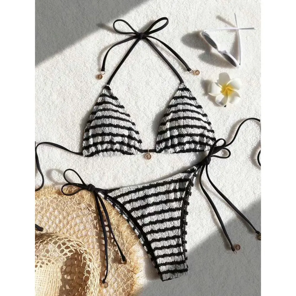 

Женский раздельный купальник в полоску с эффектом водной ряби, сексуальное бикини, модный купальник с цветовыми блоками, элитный, для горячих источников