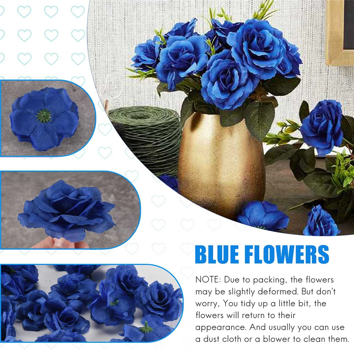 Flores artificiales de seda, cabezas de rosas, 50 piezas, para sombrero, ropa, álbum, decoración de boda, azul oscuro