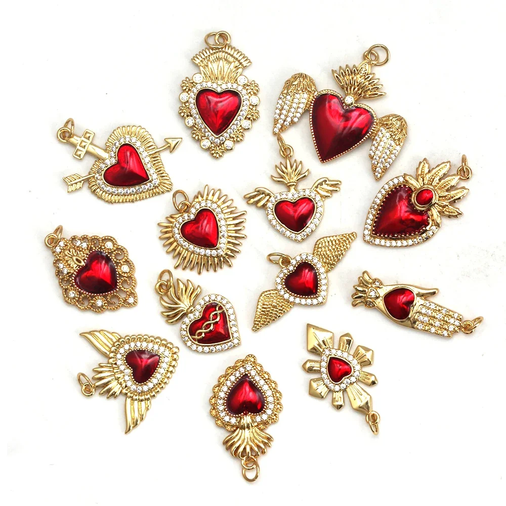 Ciondolo a forma di cuore rosso sacro Vintage ciondolo con ciondolo in zircone d\'amore ala di moda placcato in oro reale 18 carati per risultati di