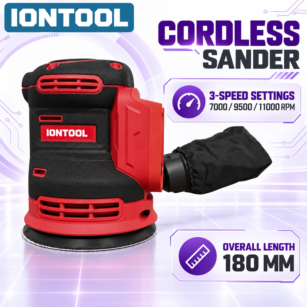 IONTOOL 180mm High Speed Cordless Sander Balanced Design for Curved Wood and Profile Sanding Shaping Home DIY Tool Unit