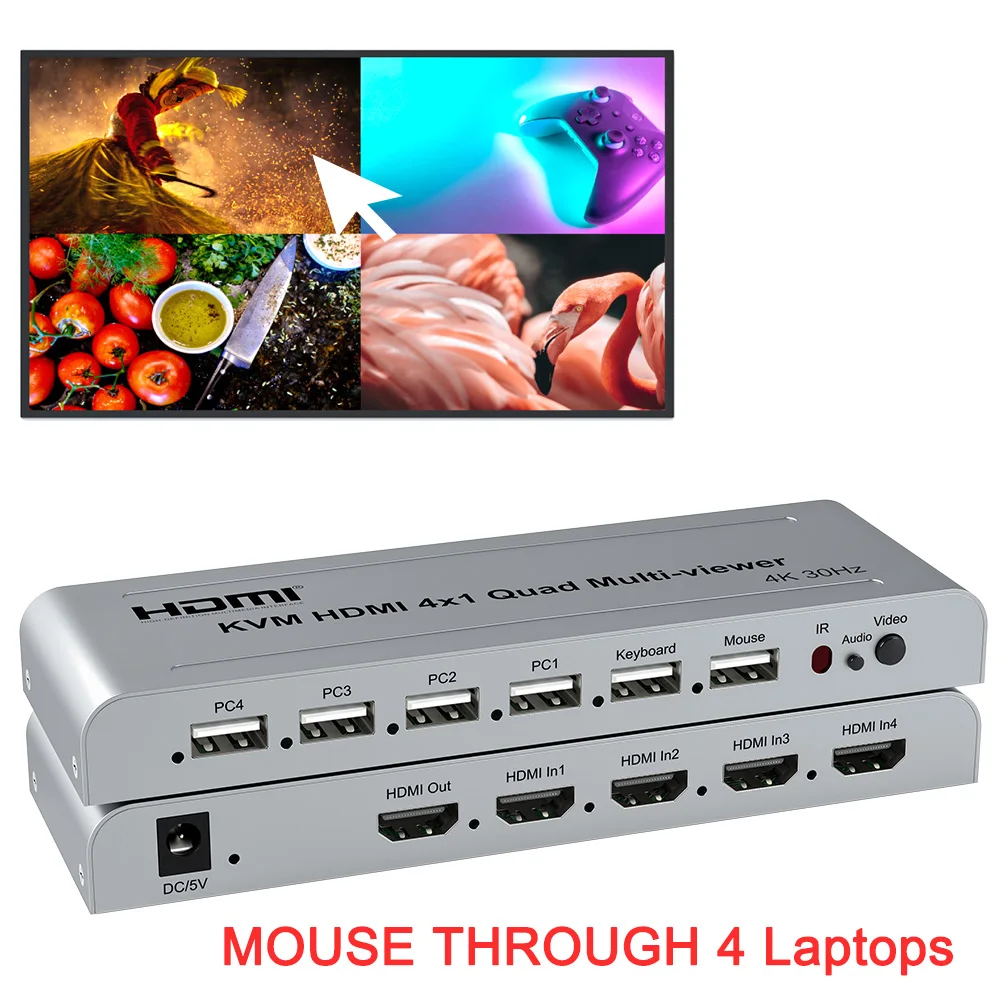 

4K USB KVM 4x1 HDMI Quad Multi-viewer 1080p 4x1 Multiviewer 4 in 1 Out Seamless Switcher Support Keyboard Mouse Through 4 Laptop