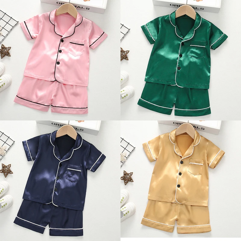 2024 New Summer Children Clothes Pajama Set Stain Silk Soft Solid Color Comfortable Clothing Kids Girls Boys Pajamas Sleepwear