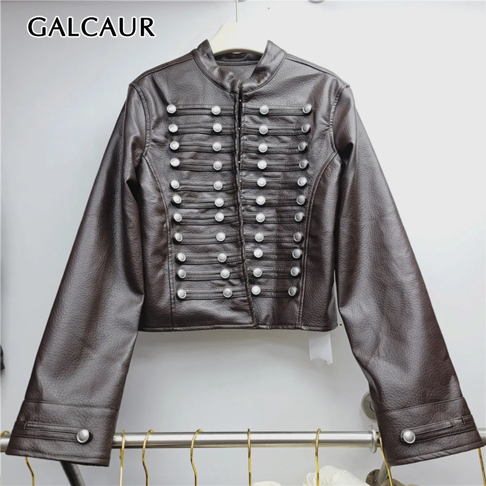 GALCAUR Solid Spliced Button Slimming Jacket for Women Stand Collar Long Sleeve Patchwork Zipper Casual Jackets Female Fashion