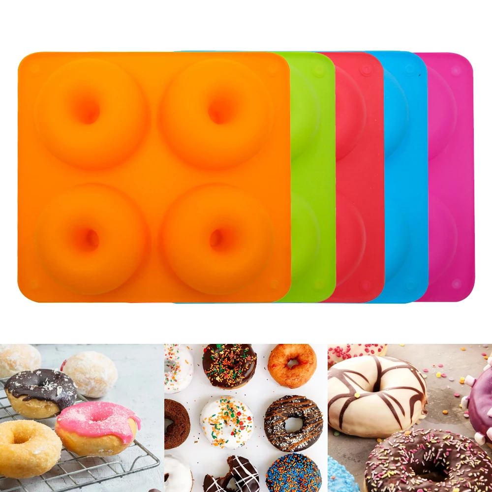 Beautiful Irresistible 4-Piece Non-Stick Silicone Chocolate Donut Cake Baking Pan Molds with Exquisite Cake Decoration Accessori