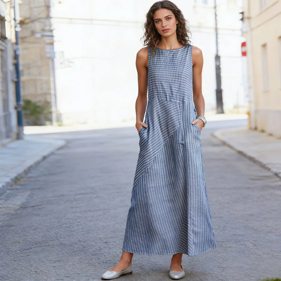 

【New style】European and American wish eBay striped round collar sleeveless large size slimming dress high waist slimming