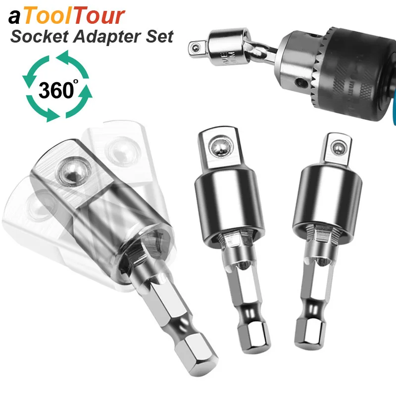 Impact Driver Socket Adapter 360 Degree Rotatable 1/4 3/8 1/2 Wrench Drill Hex to Square Male Converter Nut Electric ScrewDriver