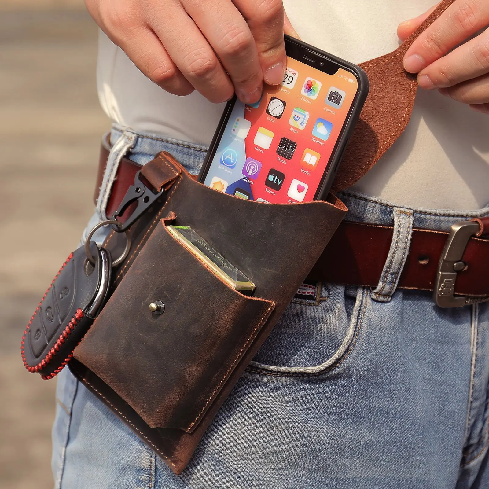 Genuine Leather Waist Bag Cellphone Loop Holster Mens Belt Bag Phone Pouch Wallet Phone Case for IPhone Samsung Huawei General