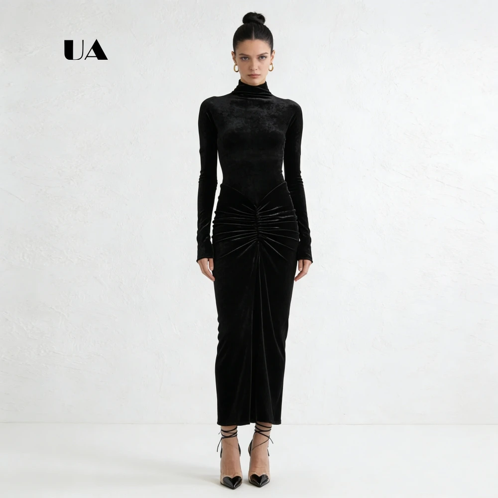 

ULBYANRY Velvet Sheath Prom Dress with Long Sleeve, Solid Ruched Turtleneck Evening Dress, Simple Shirring Customized Party Gown