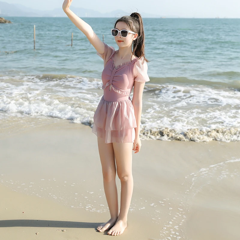 Girl One Piece Swimsuit Dress Short Sleeve Solid Pink Grey Princess Style 9-16 Years Teenager Girls Student Kid Beach Wear 2024