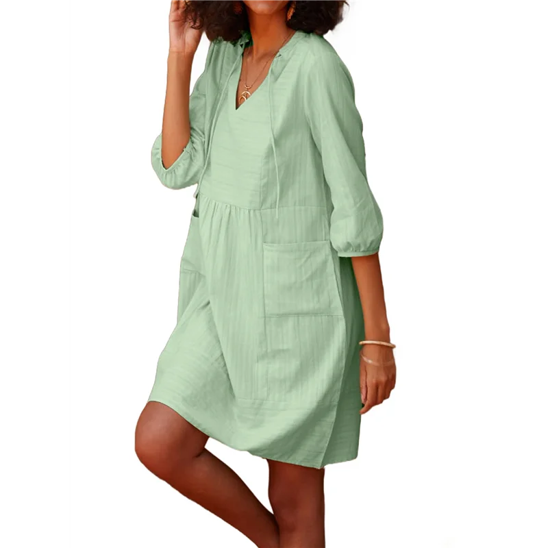 A83F-Donna scollo a V in cotone casual allentato tunica a trapezio grembiule abiti estivi abito da vacanza tasca manica 3/4