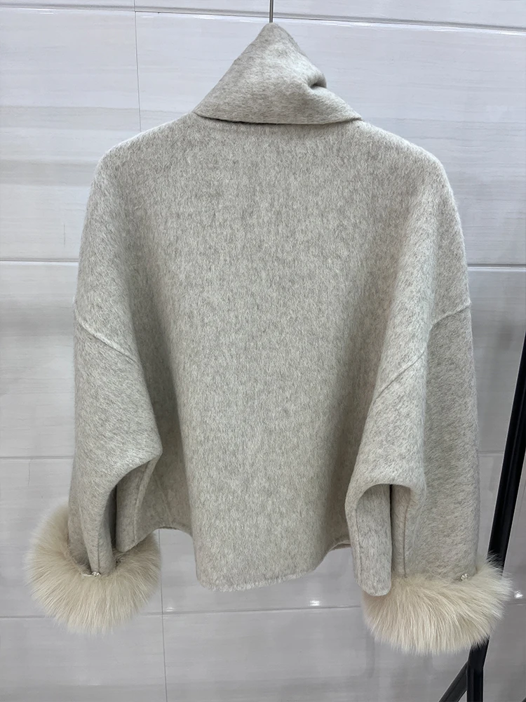 2024 Autumn Lady Overcoats Fox Fur Cuff Cashmere Wool Jacket Long Sleeve Woolen Coat Beautiful Women's Clothing Jacket