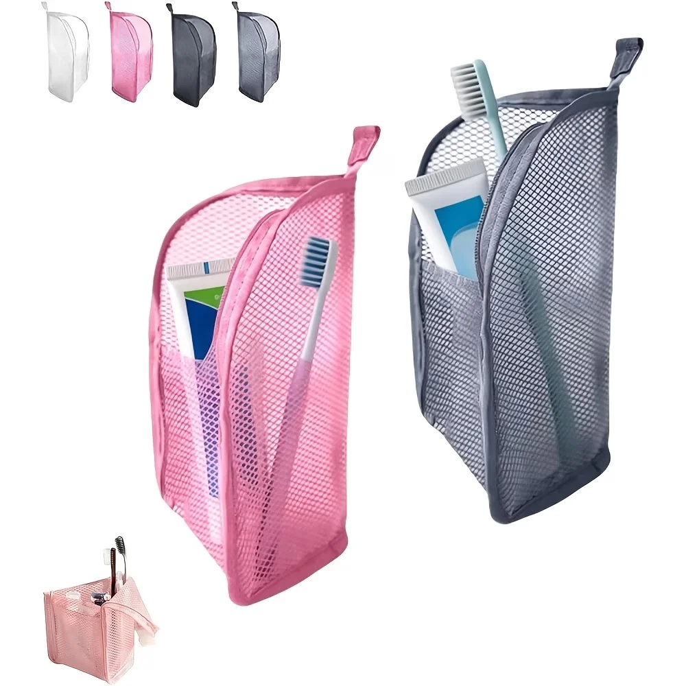 NEW Standing Mesh Toiletry Bag – Large Capacity Waterproof Travel Makeup Organizer with Toothbrush Holder, Portable Zipper Pouch
