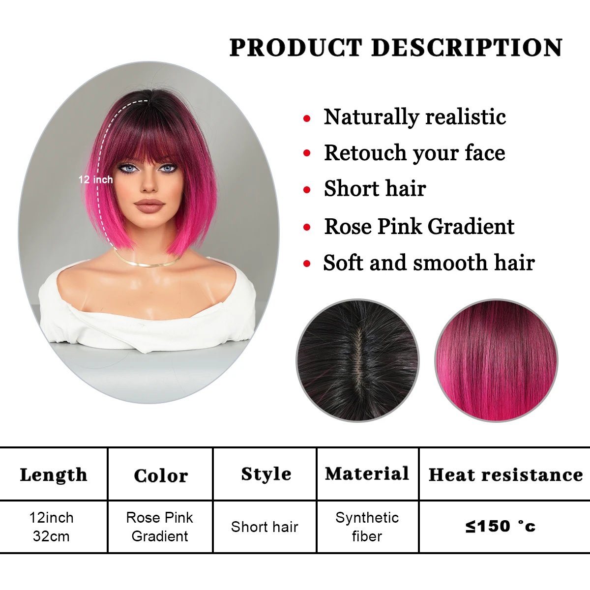 PARK YUN Costume Wig Rose Pink Short Wig for Women Daily Party Dark Roots Natural Synthetic Lavender Heat Resistant Straight Wig