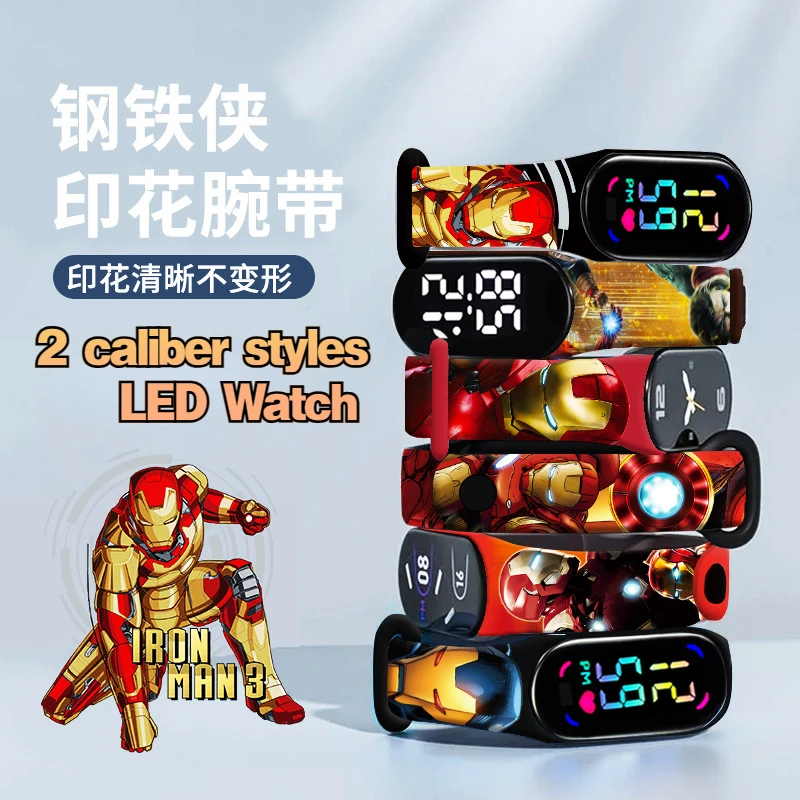 2 styles print bracelet wristband electronic watch cartoon Iron Man LED Waterproof Sports kids Watches boys girls birthday gifts