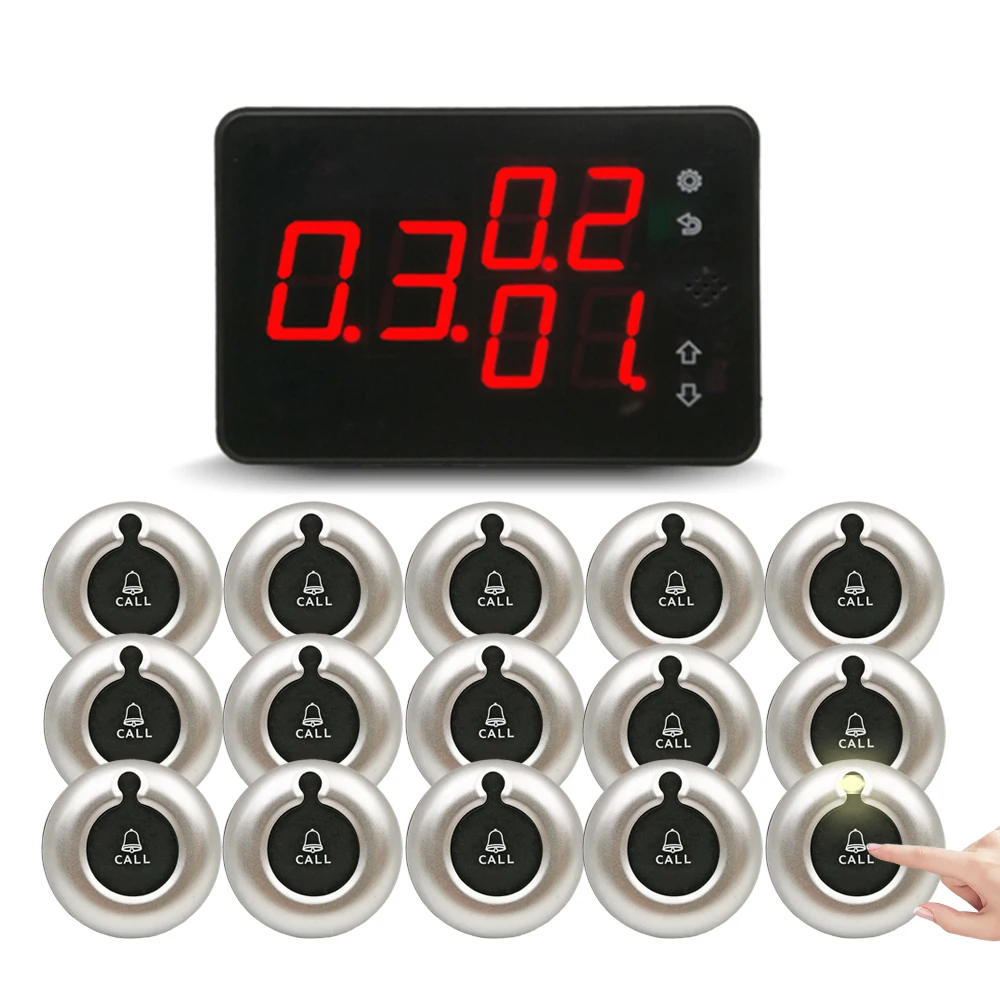 Wireless Call Bell Number System Restaurant Waiter Pager Machine SET 1 Display Receiver with 15 Vibration Bell Button Service