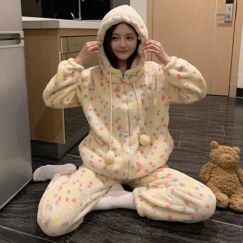 

Женский пижамный комплект из кораллового флиса с капюшоном, зимняя теплая одежда для сна на флисовой подкладке, уютная фланелевая домашняя одежда, домашний костюм с капюшоном