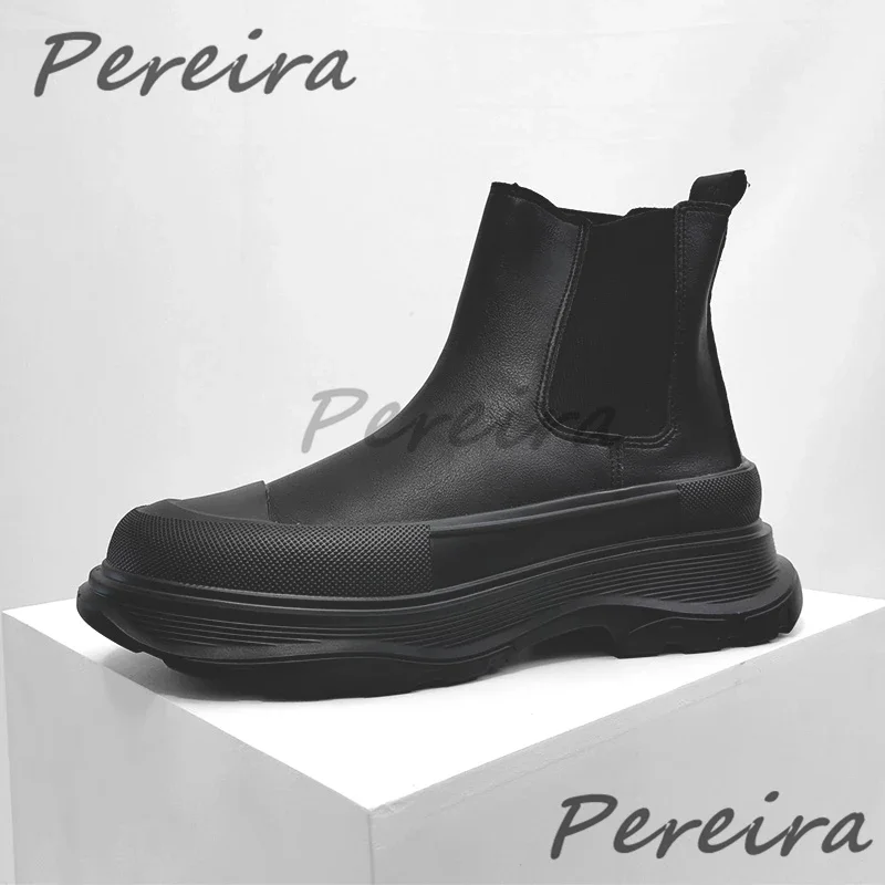 

Black Thick Soled Motorcycle Boots British Style Round Toe Height Increasing Chelsea Boots Autumn Winter New Couple Casual Shoes