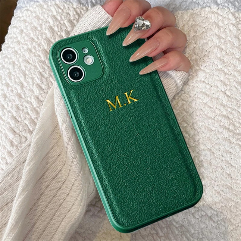 Korea Personalise Name Letters Leather PU Soft Phone Case For iPhone 16 14 13 12 11 Pro Max Plus Lens Protection Luxury Cover