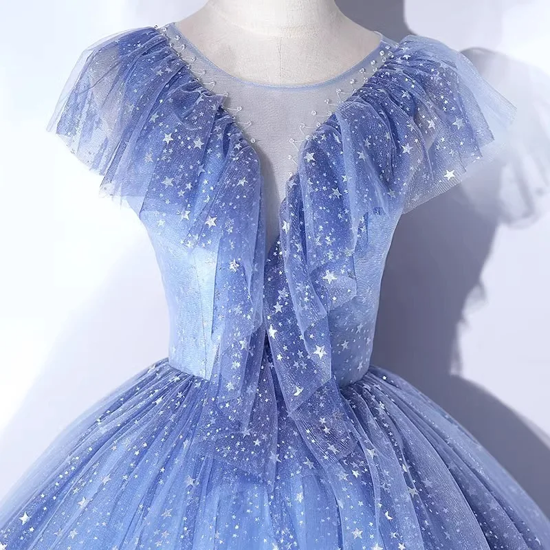 Vestido de fiesta de tul brillante para quinceañera, Túnica de estrella brillante con volantes, Mangas de casquillo, 15 años de noche, 2024