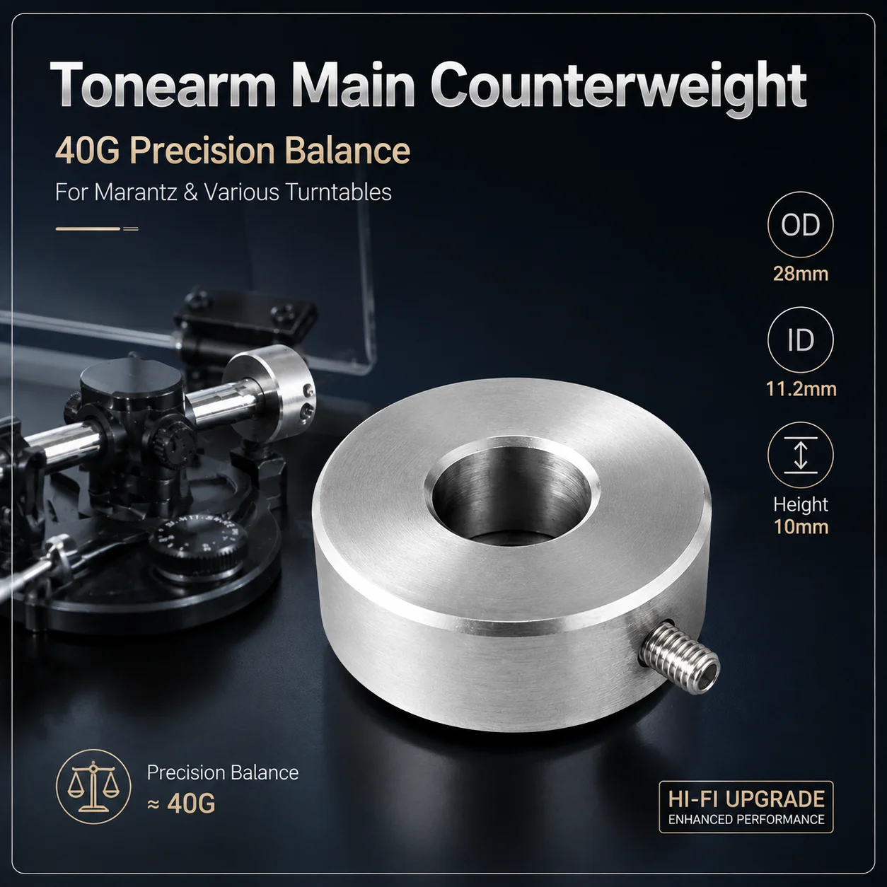 Turntable Tonearm Counterweight 40g Aluminum Alloy Balance Weight Replacement Part 28mm Diameter for Vinyl Player HiFi Audio