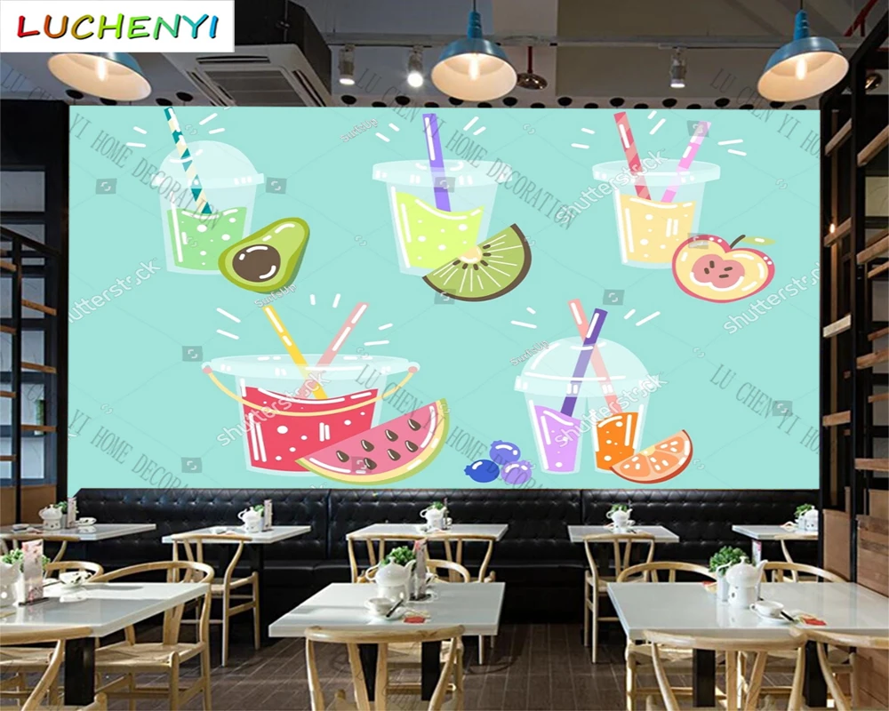 Custom juice bubble tea fruit tea mural wallpaper restaurant cold drinking shop dining room wall papers home decor sticker