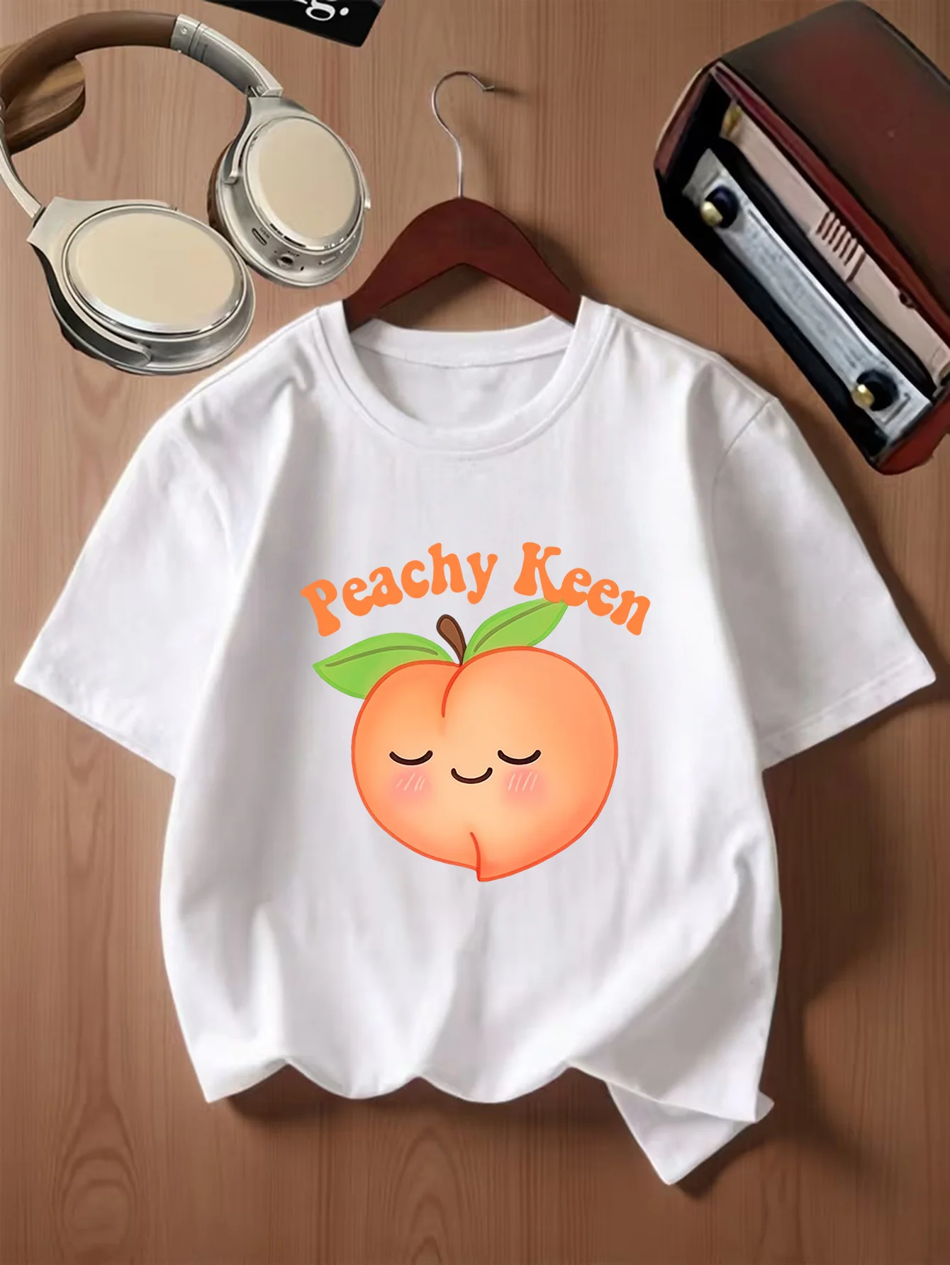 Kawaii Blush Peach With Letter Slogan Print Kids T Shirt Boys Girls Family Matching Parent Child Summer Crew Neck Casual Tee