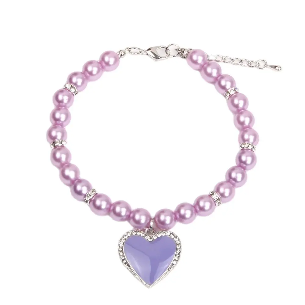 XKSRWE Dog Cat Pearls Necklace Collar with Bling Heart Charm Pet Dog Jewelry Accessories Adjustable Handmade