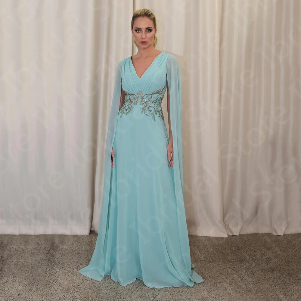 Charmante robe de mère de la mariée bleu ciel, robes de fête de mariage, mère arabe, quelle que soit l'encolure de la présidence en V, appliques de perles, 2024