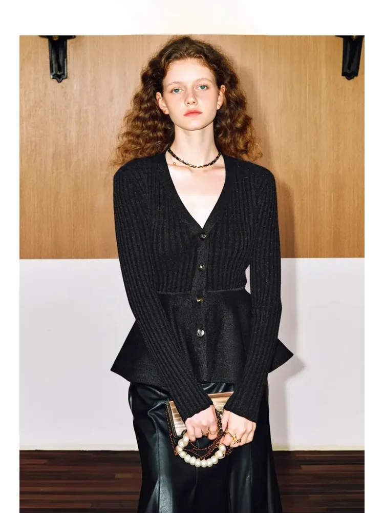 

Ele V-Ne Knitted Open Cardigan Bla Floral Soft Long Sve Women's Faion Autumn New Arrival Casual Knitwear