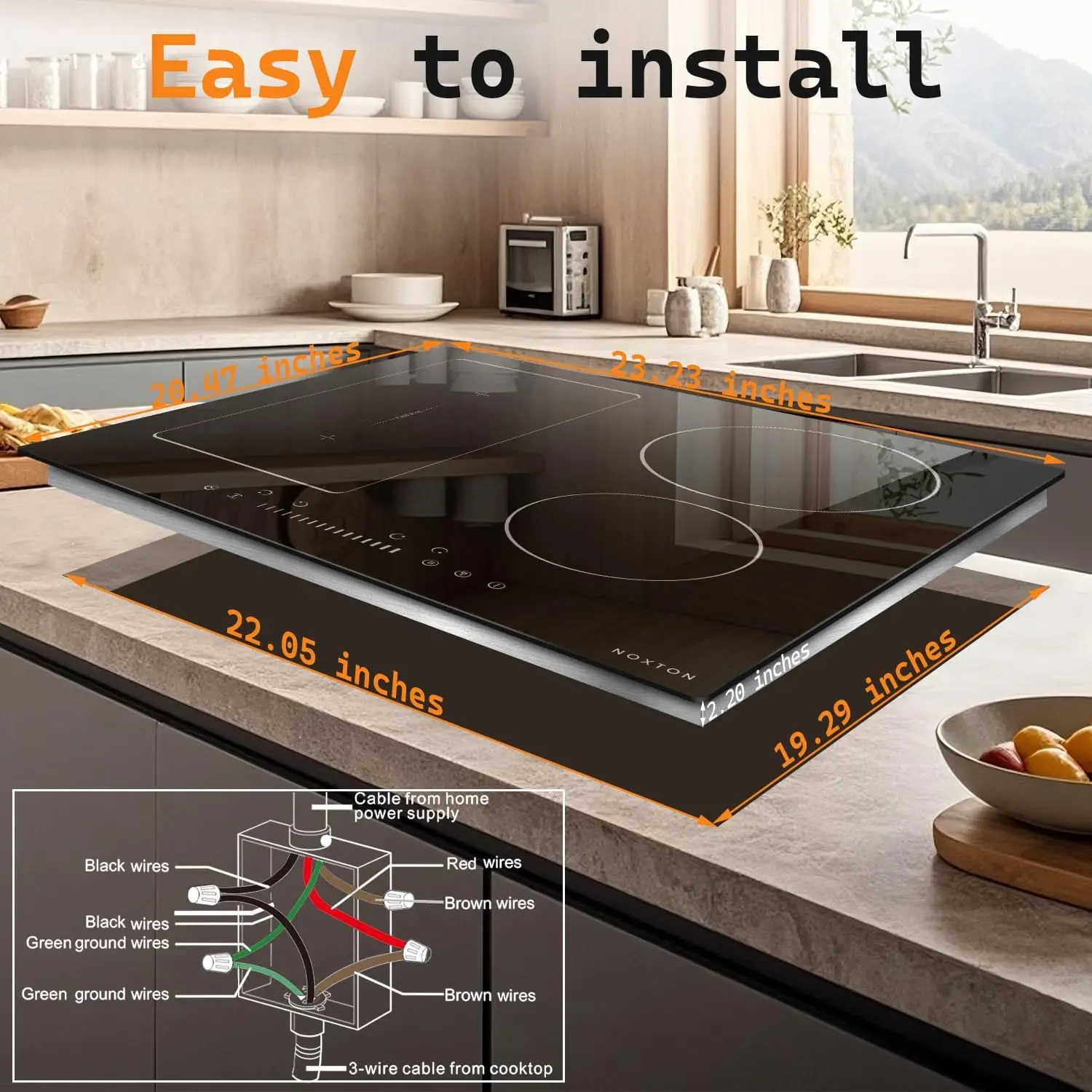 NOXTON 24Inch Induction Hob, 4 Burners with Flex Zone, Power Boost, Pause, 9 Power Levels, Safety Lock, 7200W, 240V Hard wired