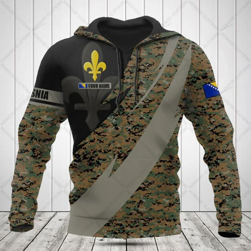 Custom Name Bosnia Lily Symbol Camouflage Hoodies Loose Unisex Pullover Sweatshirts Winter Casual Tops Outdoor Streetwear