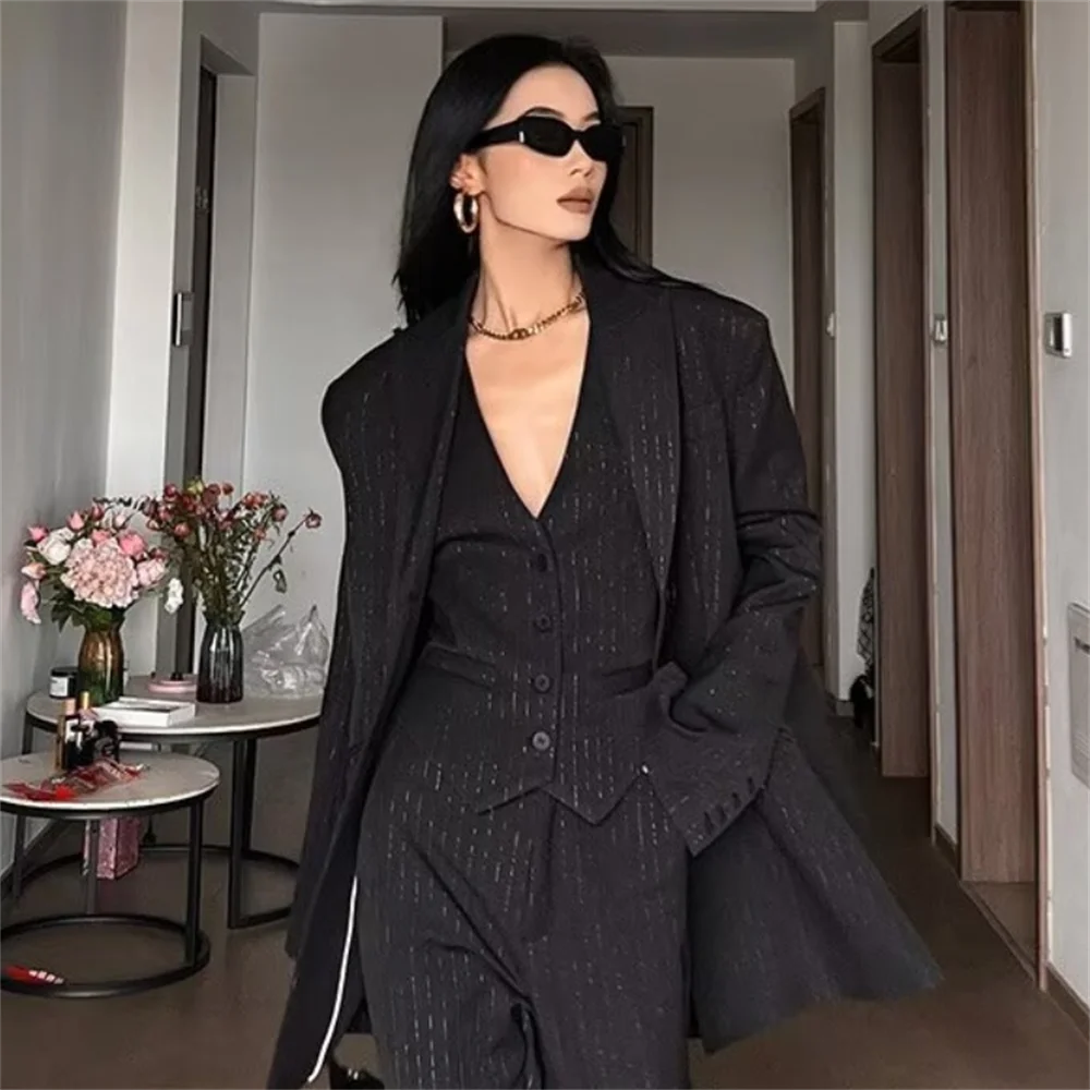 PB&ZA 2024 Spring New Korean Edition Women\'s Fashion and Elegance Commuting Versatile Vertical Stripe Suit Coat