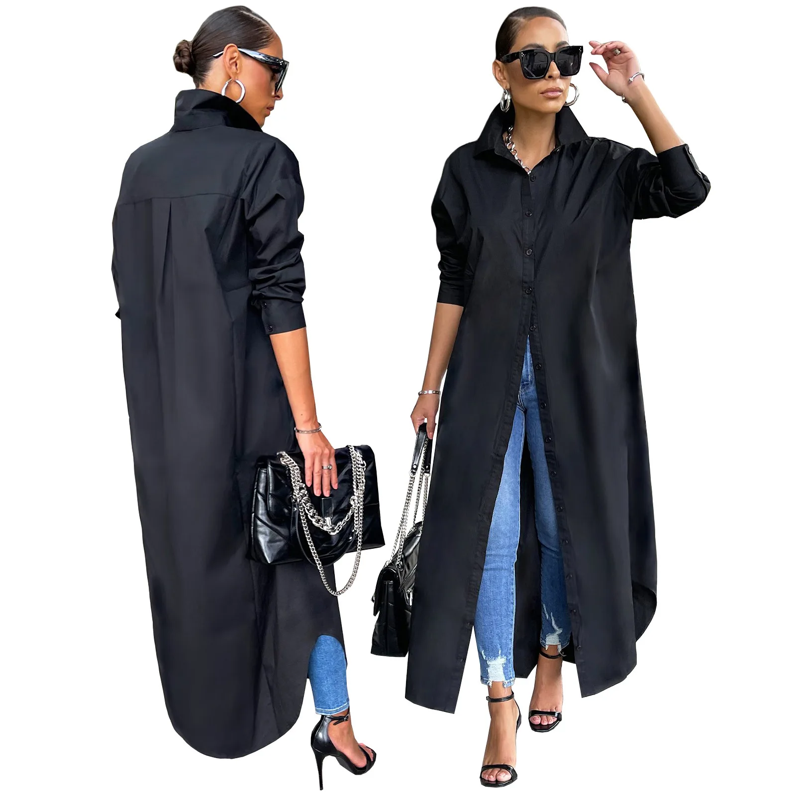 

Autumn Winter Women Solid Color Long Sleeve Shirt Loose Casual Long Blouse Fashion Female Daily Wear Outer Coat