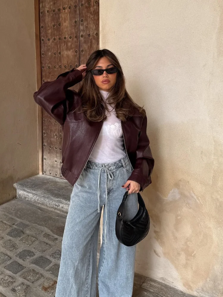 여성용 단색 PU 가죽 따뜻한 재킷, 우아한 긴팔 지퍼 크롭 코트, 여성 통근 거리 상의, 2024 가을 패션