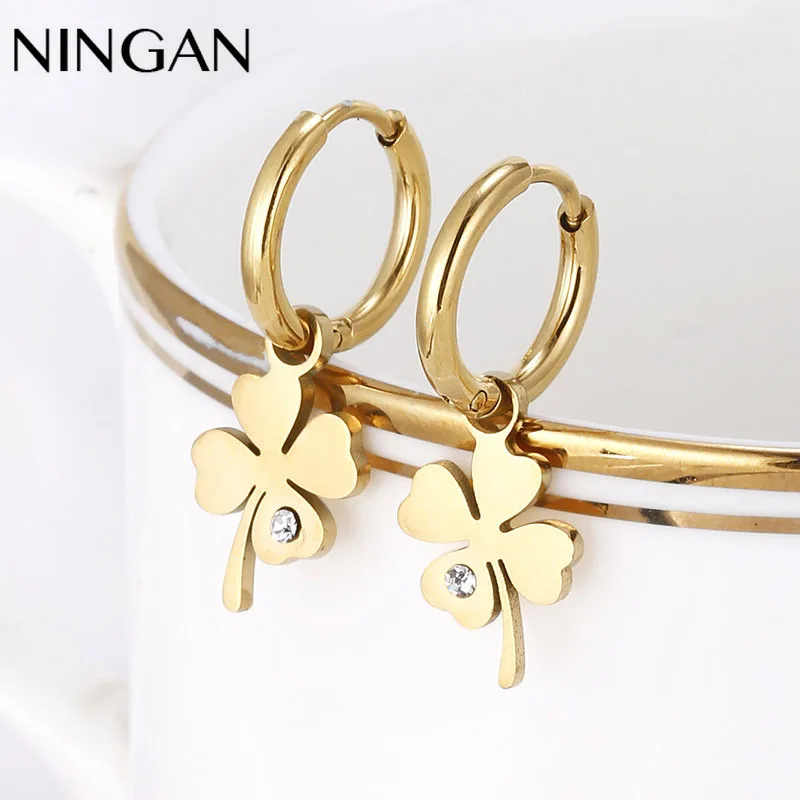 

NINGAN Women's Earring Fashion Jewellery Four-leaf Clover with Zircon Ladies Birthday Gift Wedding Party Earring