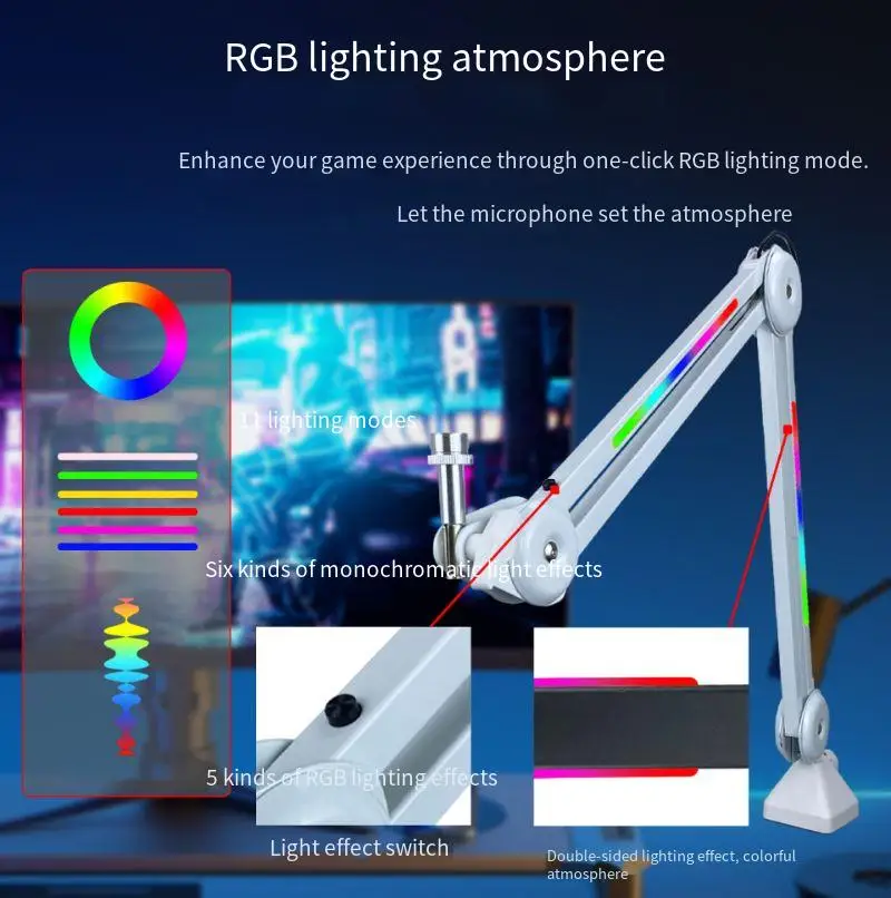 Desktop Foldable Extendable RGB Articulating Arm Bracket High-end Springless Microphone Gaming Microphone Live Streaming RGB Lig